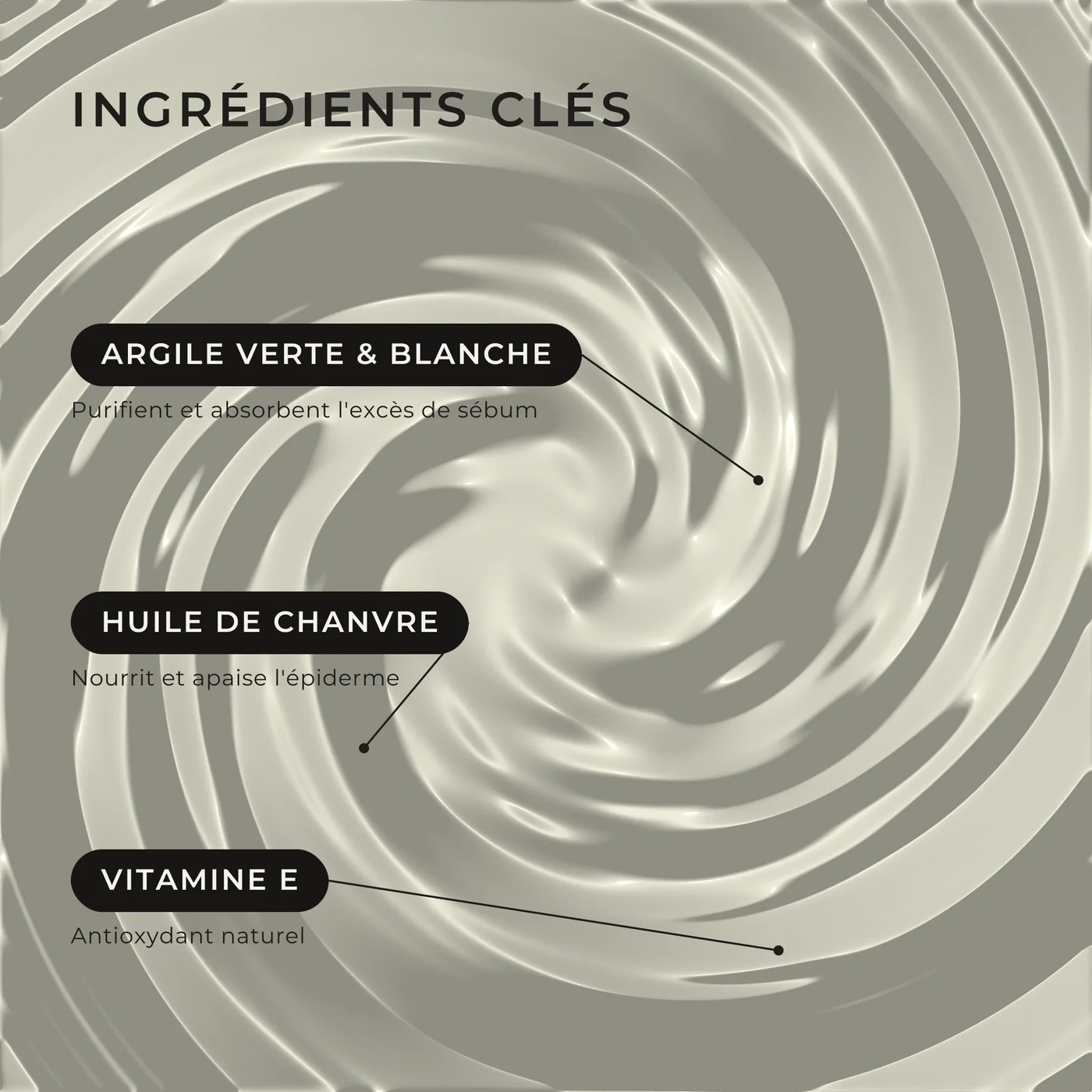 Ingrédients clés du masque : argile verte et blanche, huile de chanvre, vitamine E
